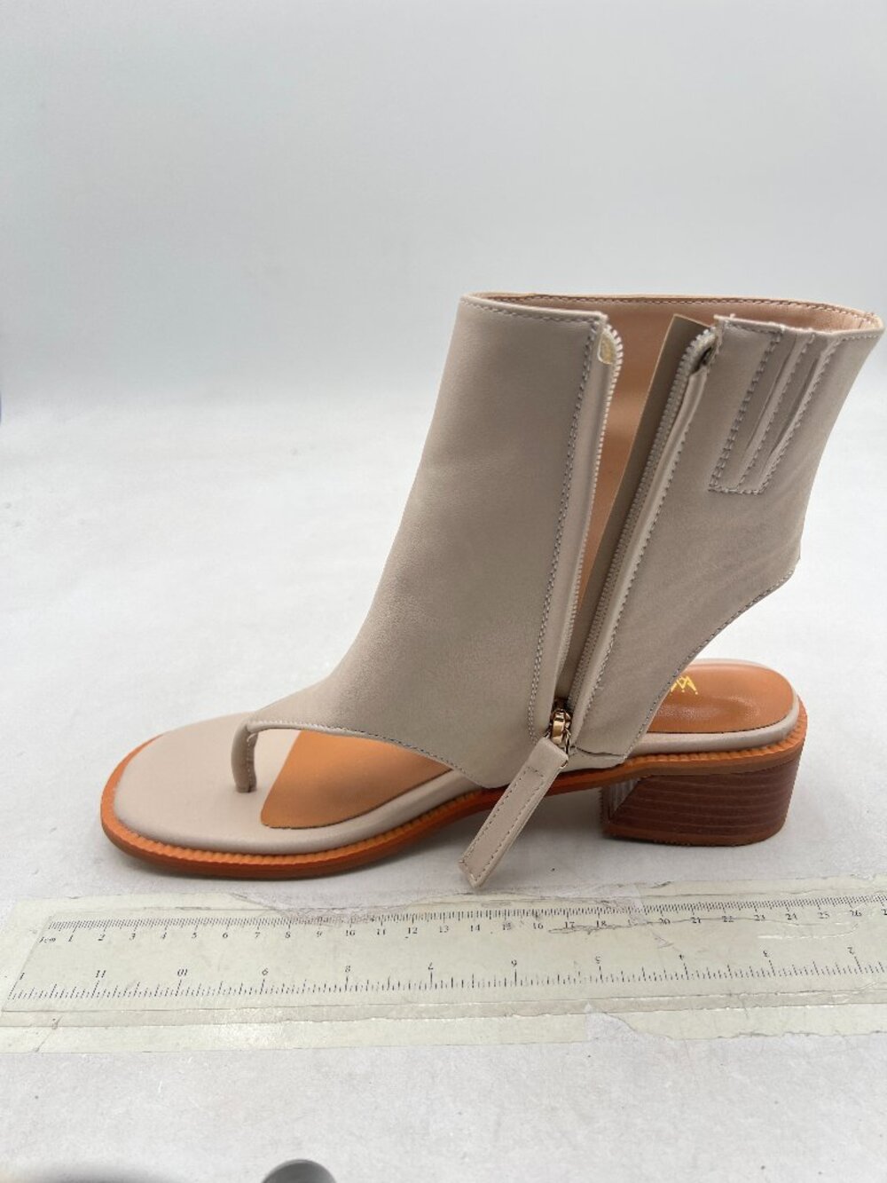 Beige Women Ankle Boots Chunky Low Heels Flip Flop Open Toe Side Zippers Sandals